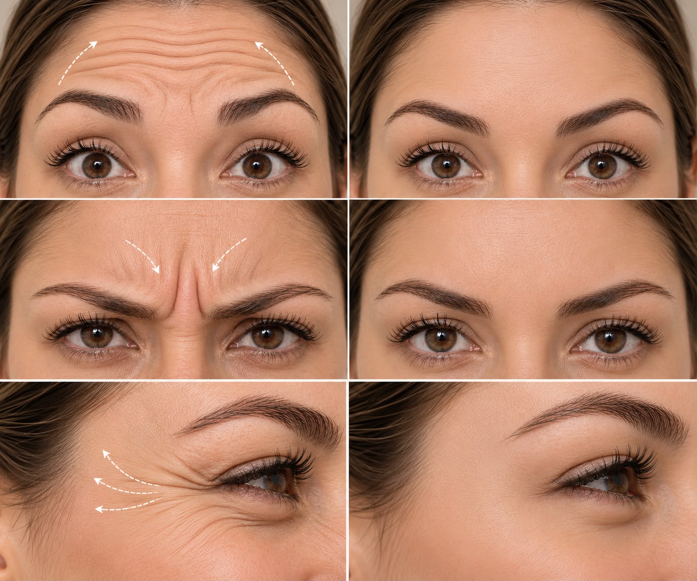Ejemplo comparativo de líneas de expresión en frente, entrecejo y contorno de los ojos