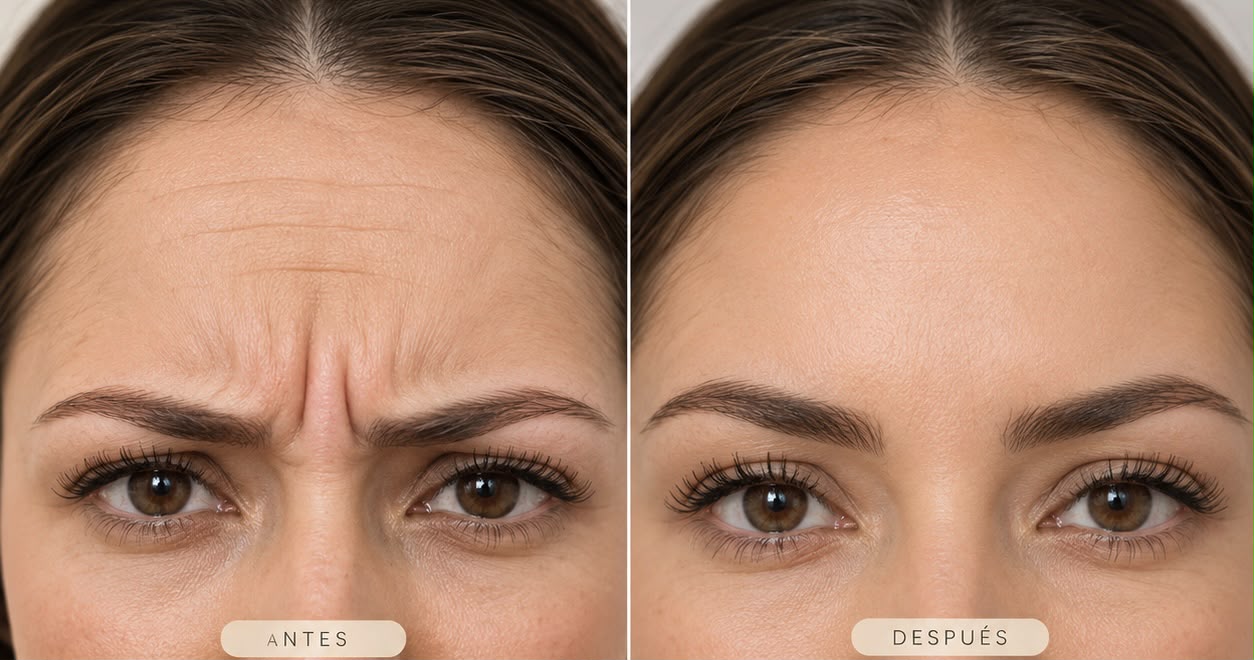 Referencia ilustrativa de antes y después en frente y entrecejo
