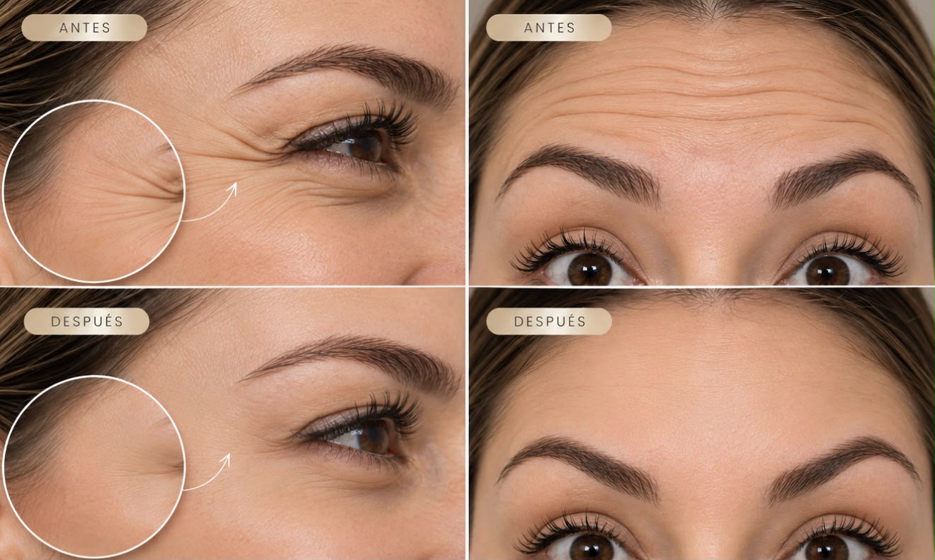Referencia ilustrativa de antes y después en contorno de los ojos y frente