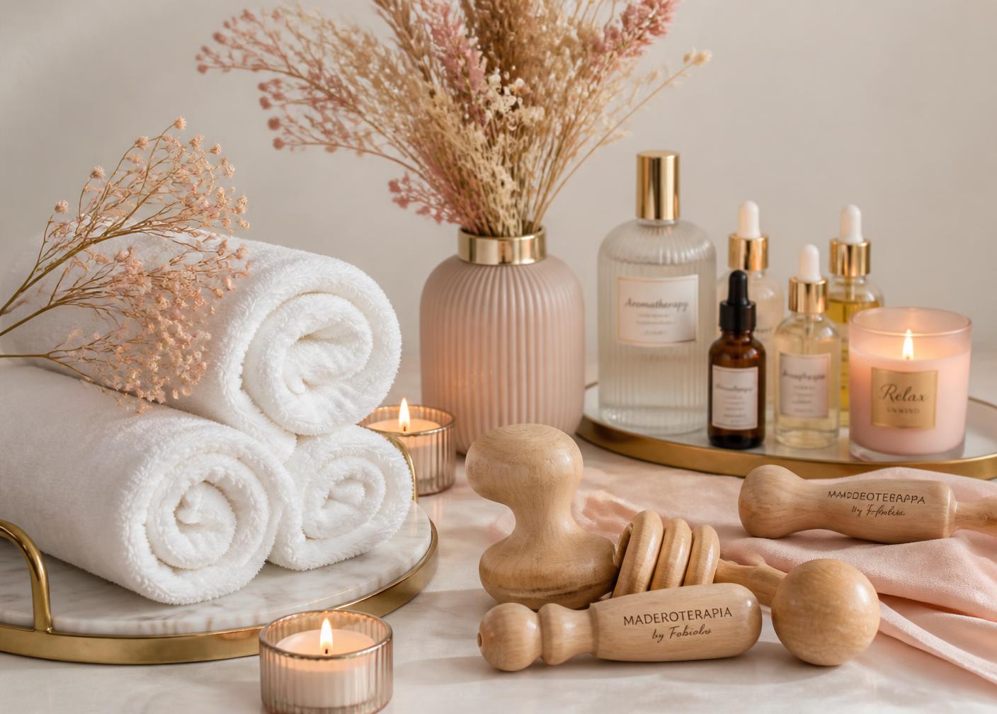 Aceites de aromaterapia y herramientas de maderoterapia